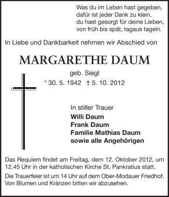 Traueranzeige von Margarethe Daum von Echo-Zeitungen (Gesamtausgabe)