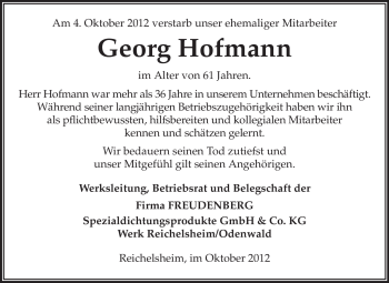 Traueranzeige von Georg Hofmann von Odenwälder Echo
