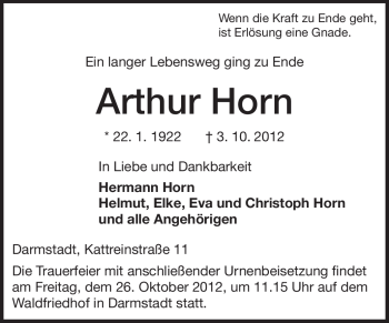 Traueranzeige von Arthur Horn von Echo-Zeitungen (Gesamtausgabe)