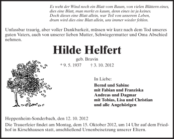 Traueranzeige von Hilde Helfert von Starkenburger Echo