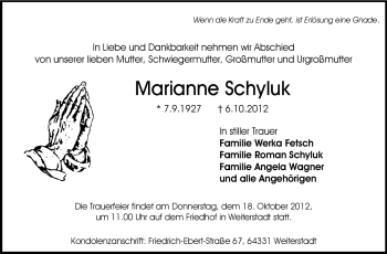 Traueranzeige von Marianne Schyluk von Echo-Zeitungen (Gesamtausgabe)