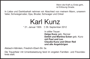 Traueranzeige von Karl Kunz von Echo-Zeitungen (Gesamtausgabe)