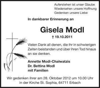 Traueranzeige von Gisela Modl von Odenwälder Echo