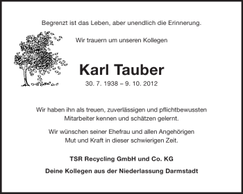 Traueranzeige von Karl Tauber von Echo-Zeitungen (Gesamtausgabe)