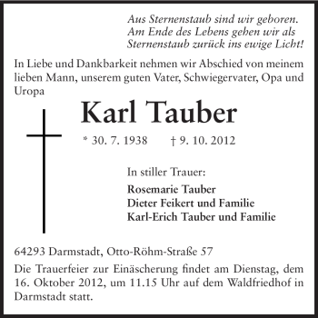 Traueranzeige von Karl Tauber von Echo-Zeitungen (Gesamtausgabe)