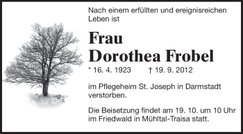 Traueranzeige von Dorothea Frobel von Echo-Zeitungen (Gesamtausgabe)