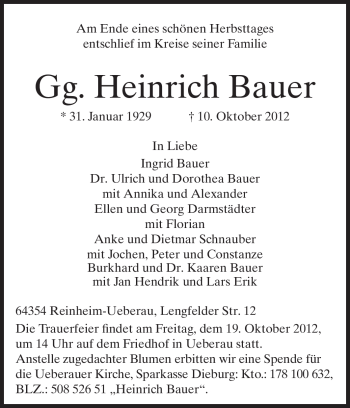 Traueranzeige von Heinrich Bauer von Echo-Zeitungen (Gesamtausgabe)