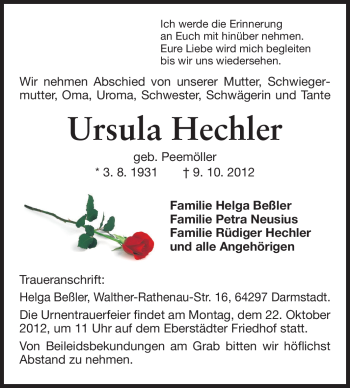 Traueranzeige von Ursula Hechler von Echo-Zeitungen (Gesamtausgabe)