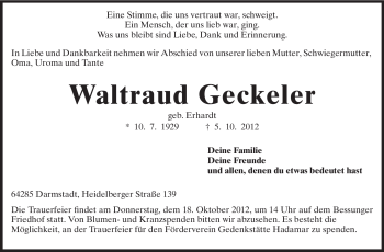 Traueranzeige von Waltraud Geckeler von Echo-Zeitungen (Gesamtausgabe)
