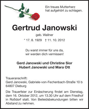 Traueranzeige von Gertrud Janowski von Echo-Zeitungen (Gesamtausgabe)