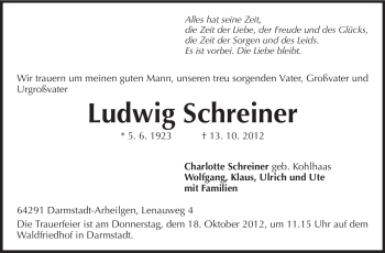 Traueranzeige von Ludwig Schreiner von Echo-Zeitungen (Gesamtausgabe)
