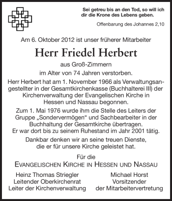 Traueranzeige von Friedel Herbert von Echo-Zeitungen (Gesamtausgabe)