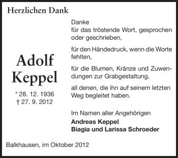 Traueranzeige von Adolf Keppel von Echo-Zeitungen (Gesamtausgabe)
