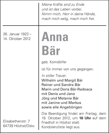 Traueranzeige von Anna Bär von Odenwälder Echo