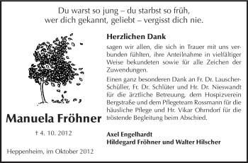 Traueranzeige von Manuela Fröhner von Starkenburger Echo