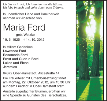 Traueranzeige von Maria Ford von Darmstädter Echo, Odenwälder Echo, Rüsselsheimer Echo, Groß-Gerauer-Echo, Ried Echo