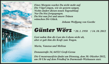 Traueranzeige von Günter Wörz von Rüsselsheimer Echo, Groß-Gerauer-Echo, Ried Echo