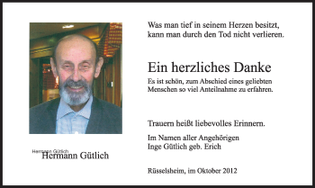 Traueranzeige von Hermann Gütlich von Rüsselsheimer Echo, Groß-Gerauer-Echo, Ried Echo