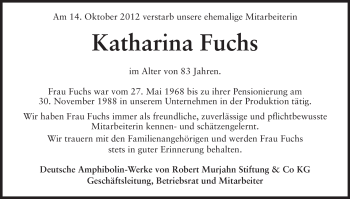 Traueranzeige von Katharina Fuchs von Echo-Zeitungen (Gesamtausgabe)