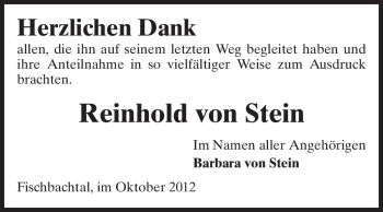 Traueranzeige von Reinhold von Stein von Echo-Zeitungen (Gesamtausgabe)
