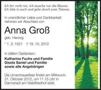 Traueranzeige von Anna Groß von Echo-Zeitungen (Gesamtausgabe)