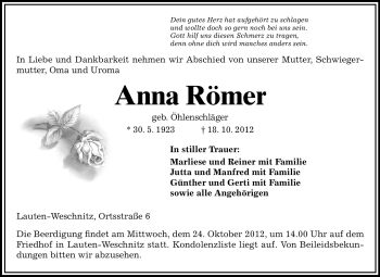 Traueranzeige von Anna Römer von Starkenburger Echo