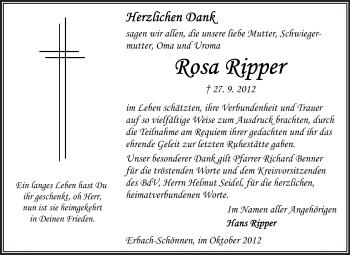 Traueranzeige von Rosa Ripper von Odenwälder Echo