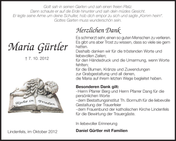 Traueranzeige von Maria Gürtler von Starkenburger Echo, Bergsträßer Anzeiger