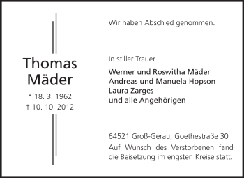 Traueranzeige von Thomas Mäder von Rüsselsheimer Echo, Groß-Gerauer-Echo, Ried Echo