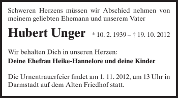 Traueranzeige von Hubert Unger von Echo-Zeitungen (Gesamtausgabe)