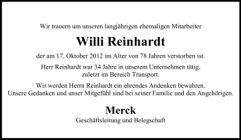 Traueranzeige von Willi Reinhardt von Echo-Zeitungen (Gesamtausgabe)