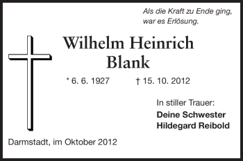 Traueranzeige von Wilhelm Heinrich Blank von Echo-Zeitungen (Gesamtausgabe)