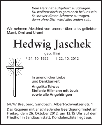 Traueranzeige von Hedwig Jaschek von Odenwälder Echo