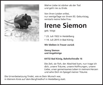Traueranzeige von Irene Siemon von Echo-Zeitungen (Gesamtausgabe)