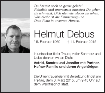 Traueranzeige von Helmut Debus von Echo-Zeitungen (Gesamtausgabe)