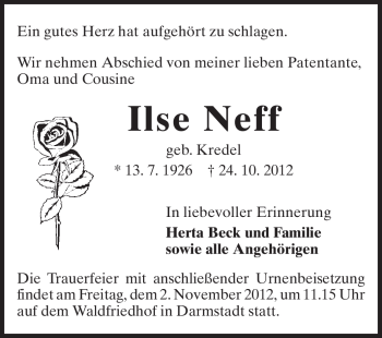 Traueranzeige von Ilse Neff von Echo-Zeitungen (Gesamtausgabe)