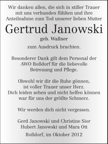 Traueranzeige von Gertrud Janowski von Echo-Zeitungen (Gesamtausgabe)