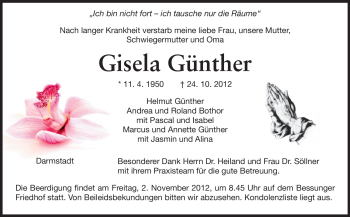 Traueranzeige von Gisela Günther von Echo-Zeitungen (Gesamtausgabe)
