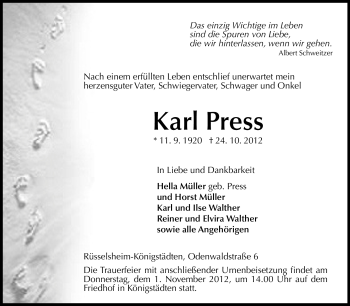 Traueranzeige von Karl Press von Rüsselsheimer Echo, Groß-Gerauer-Echo, Ried Echo