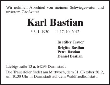 Traueranzeige von Karl Bastian von Echo-Zeitungen (Gesamtausgabe)