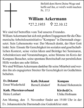 Traueranzeige von William Ackermann von Echo-Zeitungen (Gesamtausgabe)