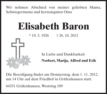 Traueranzeige von Elisabeth Baron von Echo-Zeitungen (Gesamtausgabe)