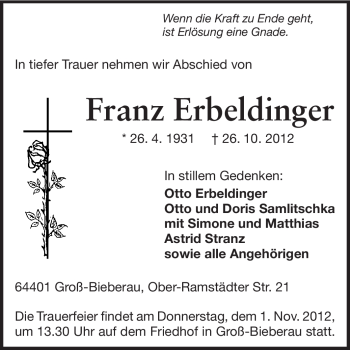 Traueranzeige von Franz Erbeldinger von Echo-Zeitungen (Gesamtausgabe)