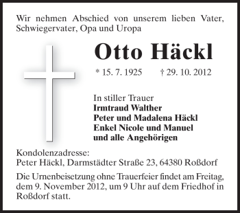 Traueranzeige von Otto Häckl von Darmstädter Echo, Odenwälder Echo, Rüsselsheimer Echo, Groß-Gerauer-Echo, Ried Echo