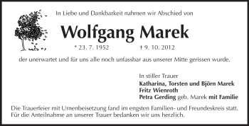 Traueranzeige von Wolfgang Marek von Rüsselsheimer Echo, Groß-Gerauer-Echo, Ried Echo
