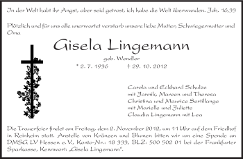 Traueranzeige von Gisela Lingemann von Darmstädter Echo, Odenwälder Echo, Rüsselsheimer Echo, Groß-Gerauer-Echo, Ried Echo