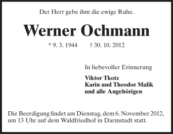 Traueranzeige von Werner Ochmann von Echo-Zeitungen (Gesamtausgabe)