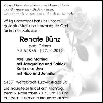 Traueranzeige von Renate Bünz von Echo-Zeitungen (Gesamtausgabe)