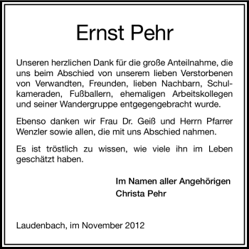 Traueranzeige von Ernst Pehr von Starkenburger Echo