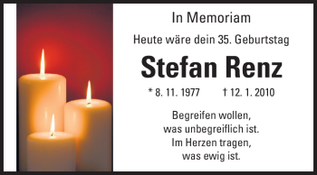 Traueranzeige von Stefan Renz von Echo-Zeitungen (Gesamtausgabe)